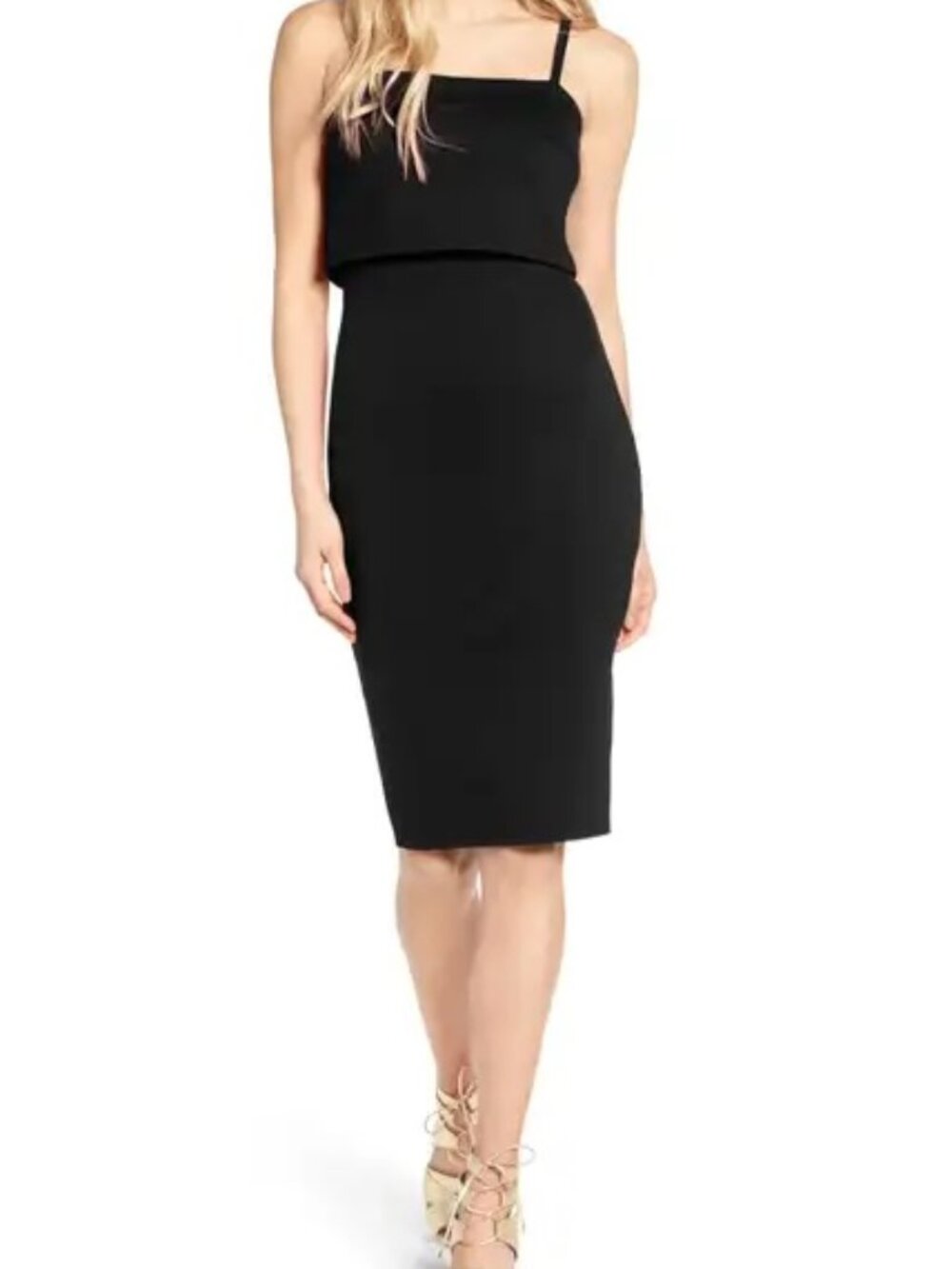 Soprano Pop Over Black Spaghetti-Strap Midi Bodycon Dress